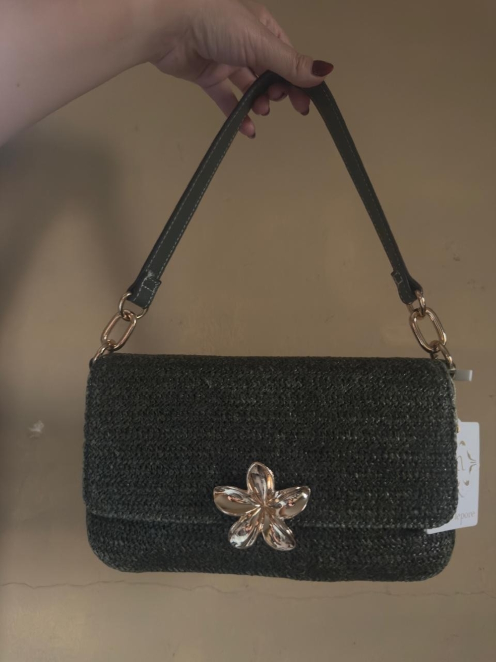 NEW Nannete  Lepore -Olive Green Shoulder Bag with Gold Floral Accent